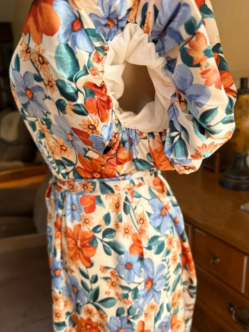 NWT Umgee Cream Floral Tie-Waist Mini Dress with Orange & Blue Blooms - Picture 6 of 9